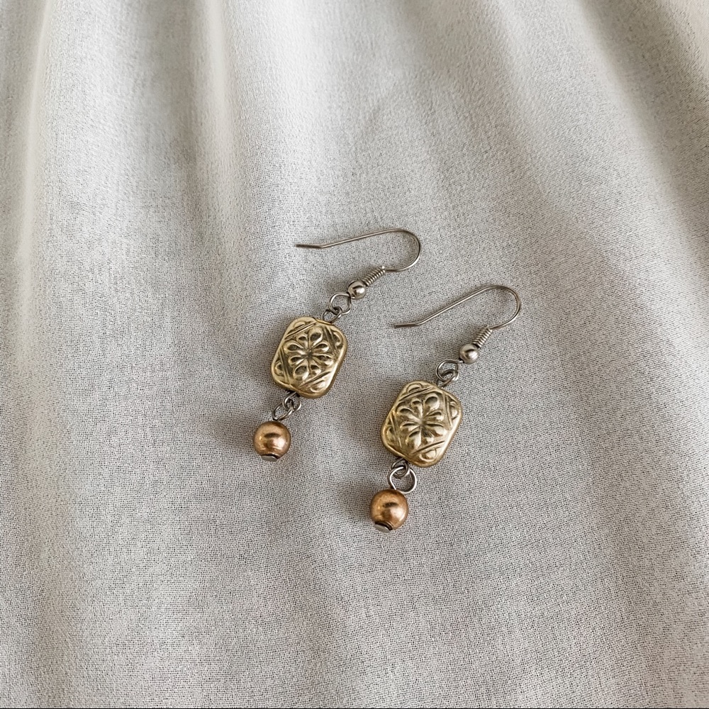 VTG Gold Square Floral Copper Bead Dangle Earrings